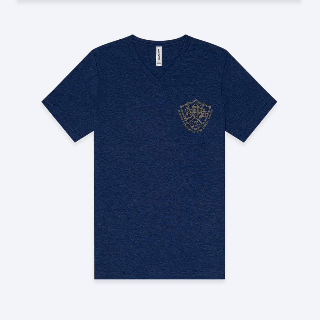Navy blue t-shirt with a logo on a white background