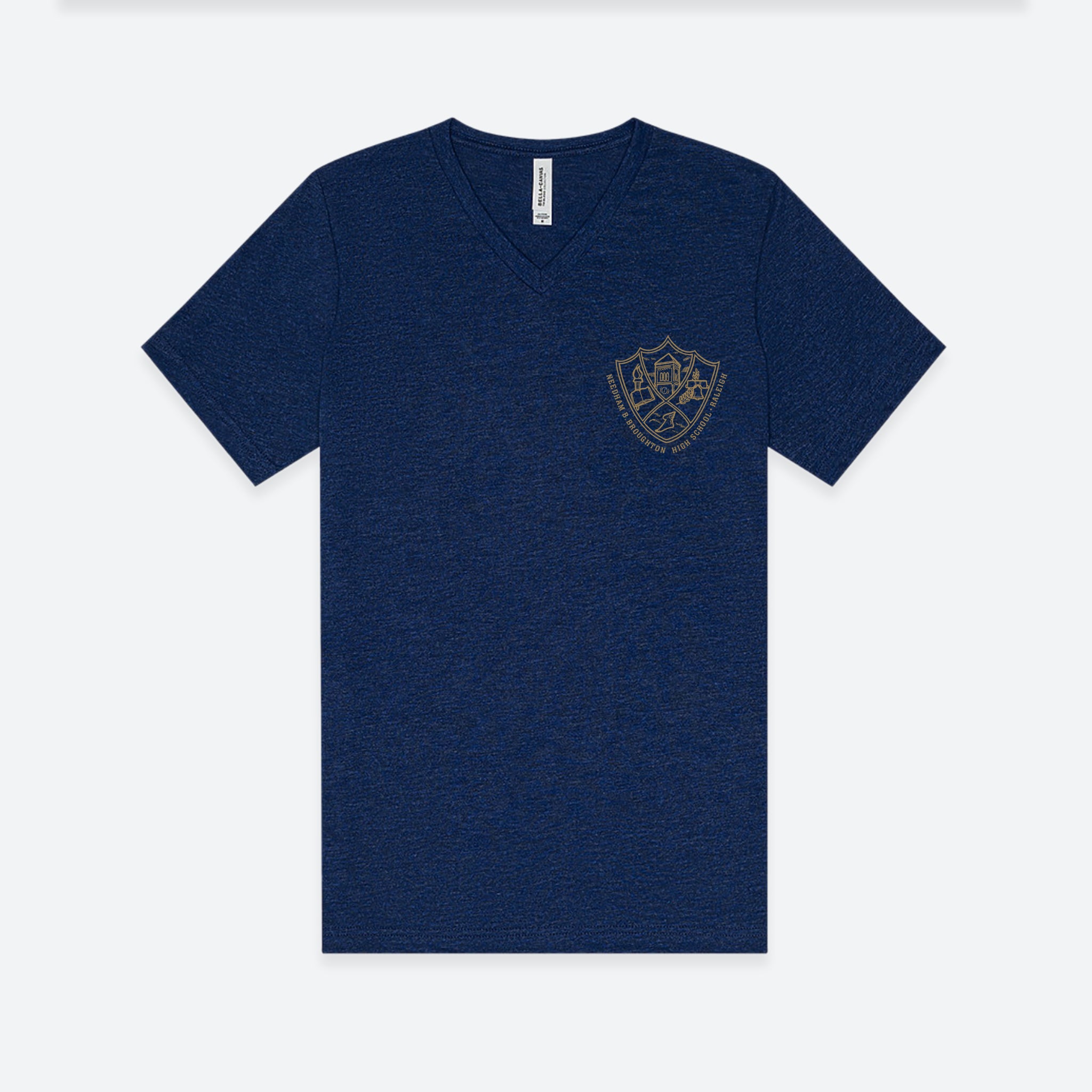 Navy blue t-shirt with a logo on a white background
